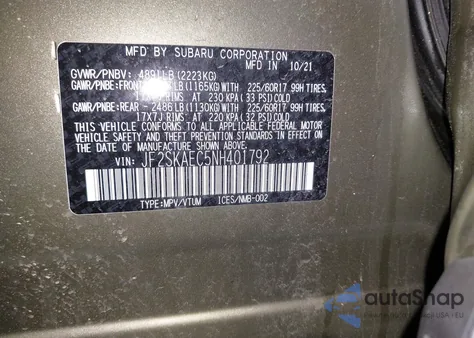 2022 Subaru Forester Premium z USA, uszkodzony, nr VIN JF2SKAEC5NH401792